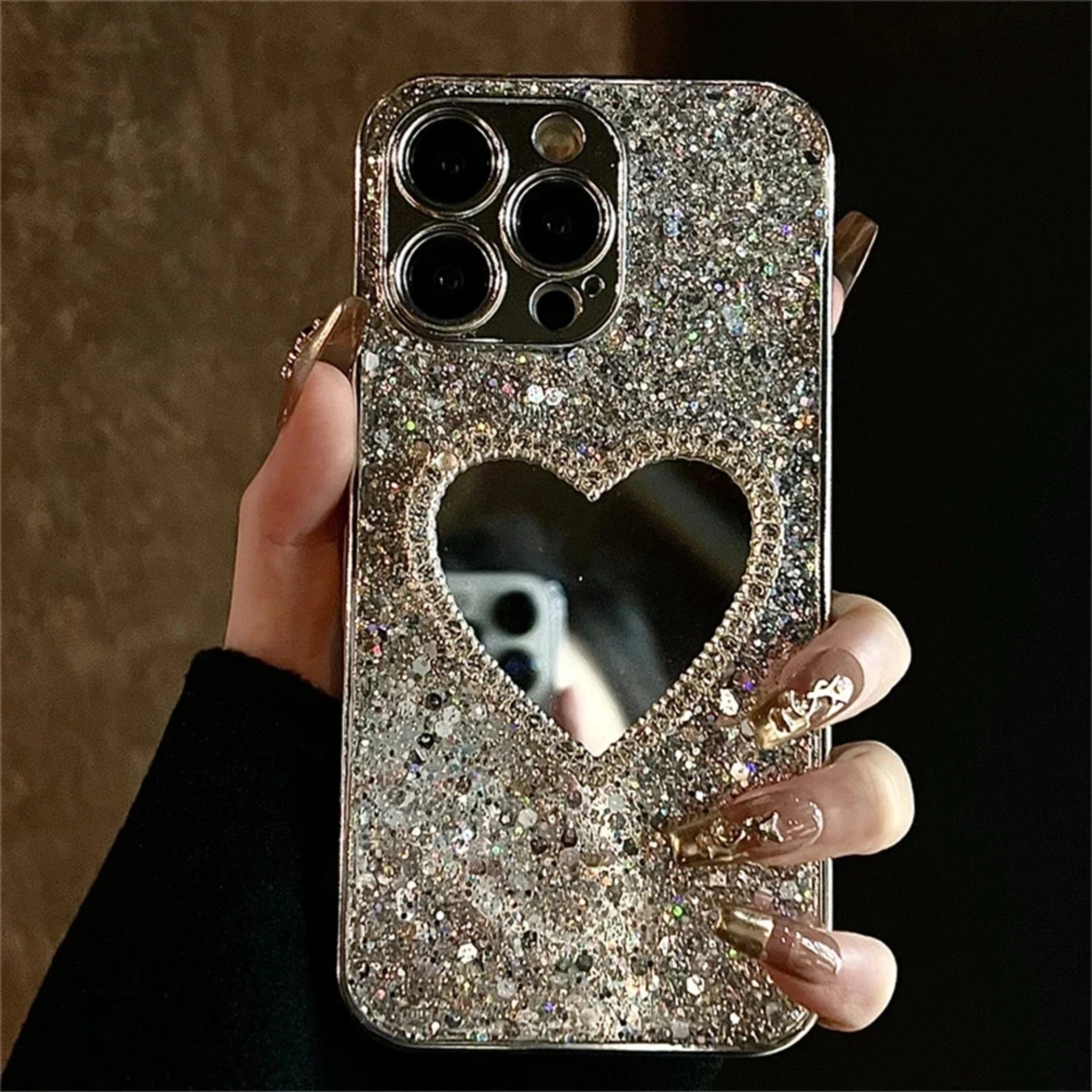 Gold glitter heart mirror case