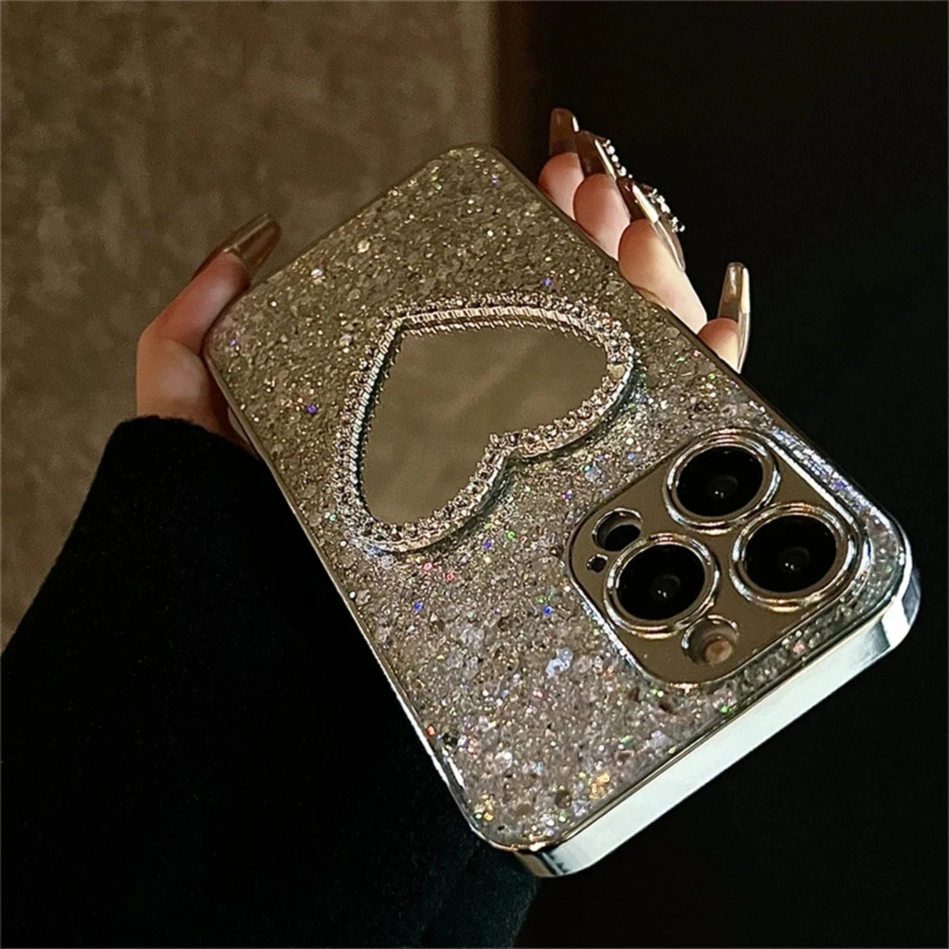 Gold glitter heart mirror case