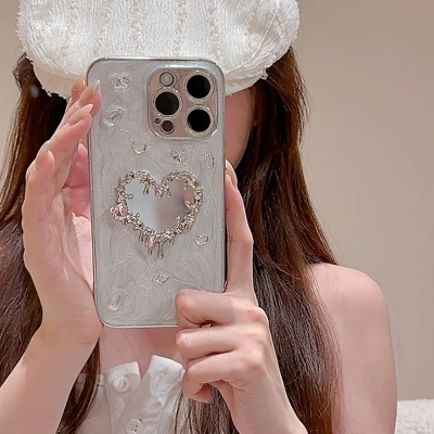 Rhinestone heart mirror case